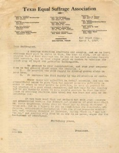 Food supply efforts letter from Minnie Fisher Cunningham to fellow members of the Texas Equal Suffrage Association. From University of Houston Special Collections.