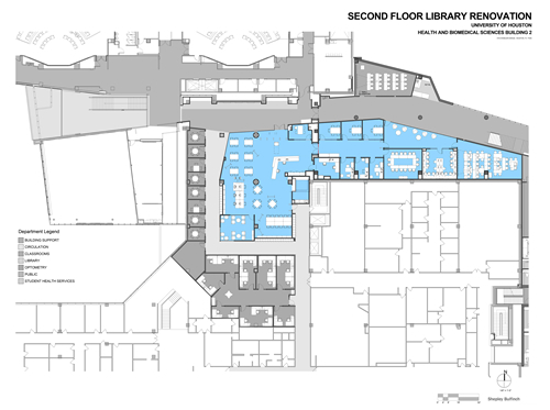 Plans for second floor library renovation in the forthcoming Health and Biomedical Sciences Building 2. Library is in blue.