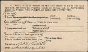 Fulton sent this postcard to his parents the week after the Japanese bombing of Pearl Harbor and the declaration of war on Japan by the Univted States.