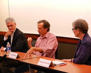 Galbreth (left) looks on as Massing (center) responds to a question from Bozeman (right) during "A Conversation with The Art Guys"