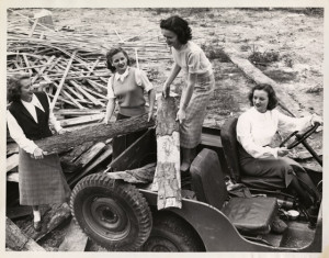 Homecoming Queen candidates at work on the homecoming bonfire (1949-1950)