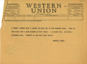 Telegram from University President, General A.D. Bruce, from the President's Office Records