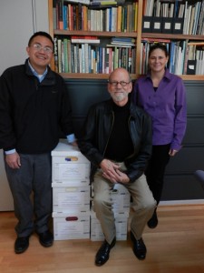Archivist Vince Lee, Jeff Beauchamp, and personal assistant Kim Pence, overseeing the transfer of the Toni Beauchamp Papers