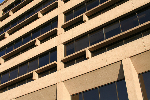 PGH Detail shows concrete fins, window mullions, and holes. Photo Eric E. Johnson by permission