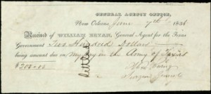$200 pay certificate for Alexander Wray Ewing (June 7, 1836), for "my pay in the Army of Texas." Ewing served as surgeon general of the Texas army and, two months prior, had treated Sam Houston at the battle of San Jacinto.