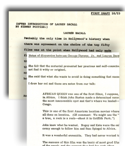 detail from Larry McMurtry's notes, working with Lauren Bacall and George Stevens, Jr., from the Larry McMurtry Papers