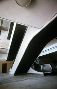 Agnes Arnold Hall, lobby  looking up at escalators from basement level, c. 1972 (Photo Kenneth E. Bentsen Architectural Papers)