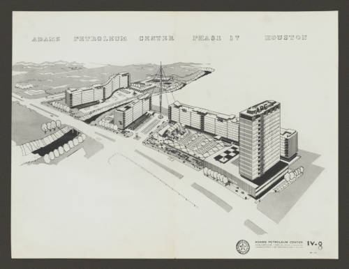 Donald Barthelme, Adams Petroleum Center (c. 1955), aerial view  of proposed complex (Donald Barthelme Architectural Papers and Photographs)