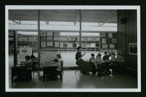 West Columbia Elementary School (1951), view of classroom with teacher and students (Donald Barthelme Architectural Papers and Photographs)