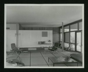Barthelme Residence (c. 1952), living room looking east with parents' bedroom in the background (Donald Barthelme Sr. Architectural Papers and Photographs)