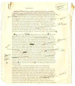Page one of "Pigeon Shoot" chapter draft from Truck Dance, featuring edits from Donald Barthelme (Olive Hershey Papers).