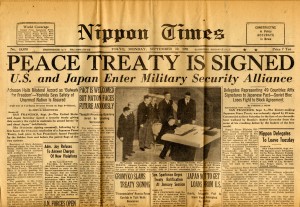"Peace Treaty is Signed" - cover of the Nippon Times, September 10, 1951, tucked inside volume one