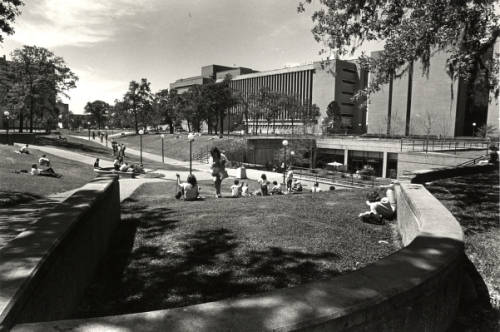 Students lounge outside UC Satellite, circa 1980. Photo courtesy UH Buildings Collection, UH Digital Library.