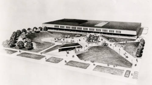 Architectural rendering of University Center with underground annex in foreground. Photo courtesy of UH Buildings Collection, Digital Library.