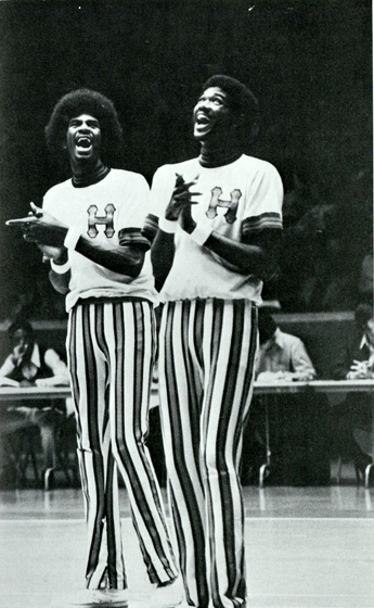 "Sweet" Lou Dunbar and Dwight Jones share a lighter moment during the pregame (Houstonian, 1973)